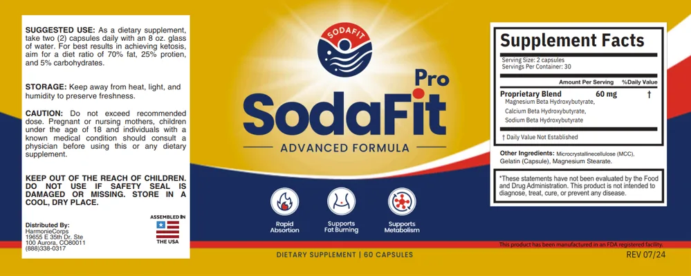 Official SodaFit Pro Advanced Formula label — suggested use, warnings and the full Supplement Facts panel